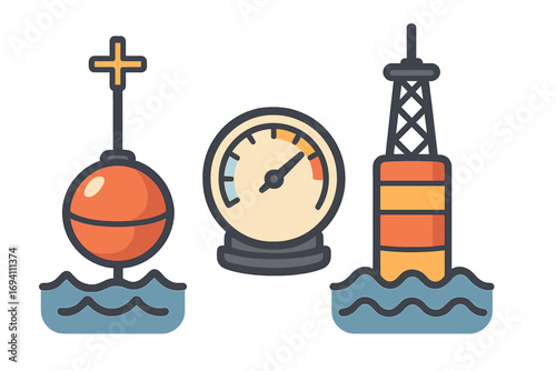 Set of vector icons with floating sea buoys and a pressure gauge for measuring oceanic conditions. Marine environment monitoring and navigation safety cartoon illustration.