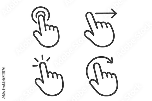 Hand gesture linear icon set. Touchscreen navigation symbols. Finger tap, swipe right, click, and rotate signs. User interface and UX design elements. Vector line art pack.