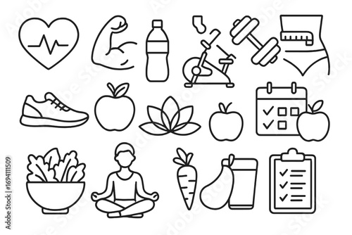 Healthy lifestyle line icon set. Fitness, wellness, and nutrition concepts. Vector icons for gym, workout, diet plan, yoga, meditation, and healthy food. Health care symbols.