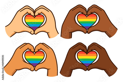 Diverse hands making heart shape. LGBTQ pride concept with rainbow colors. Multiethnic skin tones showing love, unity, and support. Vector cartoon set for celebration.