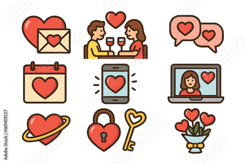 Love icons set for Valentine's day. Cute cartoon vector graphics. Couple on a date, online dating app, video call, chat, love letter, gift and heart symbols. Romance and relationship concept.
