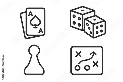 Board games linear icon set. Tabletop gaming outline collection. Cards, dice, game pawn, and strategy plan vector icons. Simple gambling and entertainment symbols.