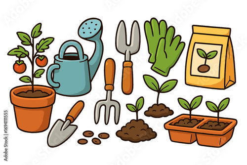 Gardening tools and supplies set. Home gardening, planting preparation concept. Vector cartoon illustration of tomato plant, seeds, watering can, trowel, fork, gloves.