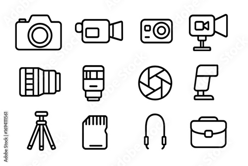 Camera equipment outline icon set. Photography and video gear symbols collection. Vector line art of dslr, lens, tripod, flash, camcorder. Technology for photo and videography.