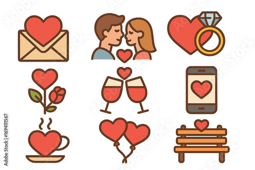 Love and romance icon set for Valentine's Day. Vector collection of cute dating symbols including couple, ring, letter, wine, rose, and balloons. Flat cartoon design.
