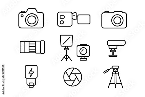 Camera equipment outline icon set. Photography video gear symbols. Vector line art collection. Photo camera, lens, tripod, flash, light, aperture, camcorder for web UI.