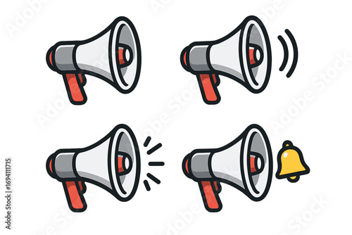 Megaphone icon set for communication and announcement. Vector illustration of bullhorn speaker for marketing promotion, loud sound alert, and news notification concepts.