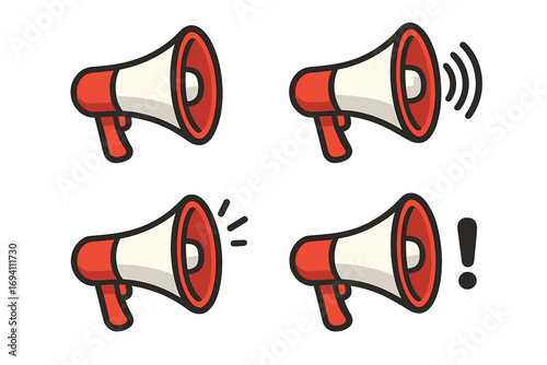 Megaphone icon set for communication and announcements. Vector cartoon illustration of loudspeaker symbols for marketing, promotion, alerts, and news. Loud sound and warning signs.