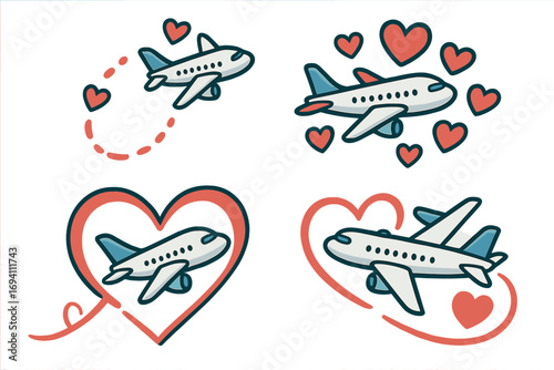 Plane heart icon set. Love travel concept. Romantic journey, vacation, flight. Honeymoon trip symbol collection. Cute cartoon airline vector logo. Sticker design element. Fly.