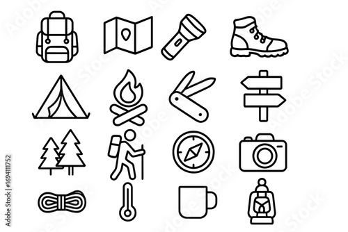 Camping and hiking line icon set. Outdoor adventure and travel equipment symbols. Vector collection for tourism, trekking and survival gear. Backpack, tent, fire, compass.