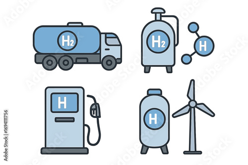 Hydrogen energy icon set. H2 fuel transportation, storage tank, and refueling station. Clean, green, renewable power technology. Vector illustration for eco-friendly industry.