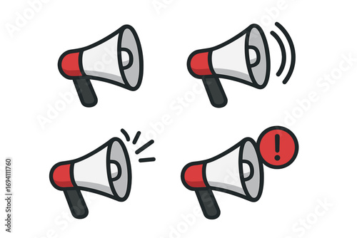 Megaphone icon set for communication and announcement. Loudspeaker symbol collection for marketing, alert, and promotion. Vector illustration of a bullhorn for news and ads.
