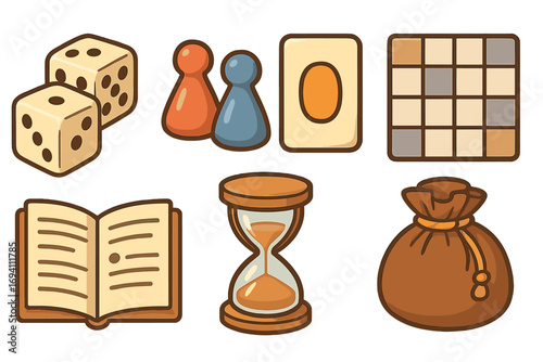 Board game icon set with dice, pawns, card, grid, rules, hourglass timer and bag. Vector cartoon illustration of tabletop gaming elements. Collection for hobby and leisure.