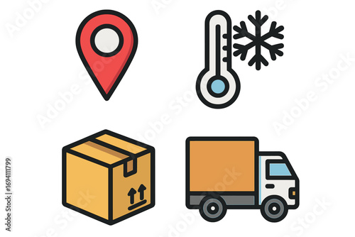 Logistics and delivery icon set. Vector symbols for cold chain, location tracking, shipping, and transport. Temperature monitoring, cargo package, and truck illustration.