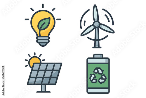 Vector icon set of renewable energy sources. Green power symbols like solar panel, wind turbine, eco lightbulb, and rechargeable battery. Sustainable technology illustration.
