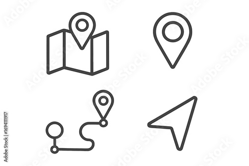 Map navigation outline icon set with route, location pins, and direction symbols in minimalist style, vector cartoon illustration with transparent background, ordered set of 4 icons for travel and GPS