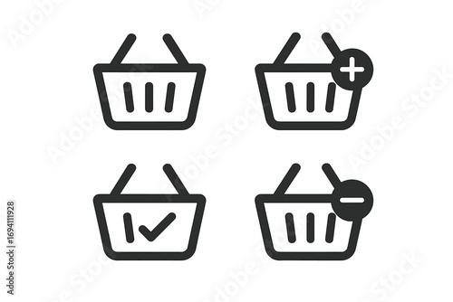 Minimalist Shopping Basket Icons for E-commerce, Online Shopping Cart Symbols with Add, Remove, and Confirm Actions, Vector Illustration for User-Friendly Digital Shopping Experience
