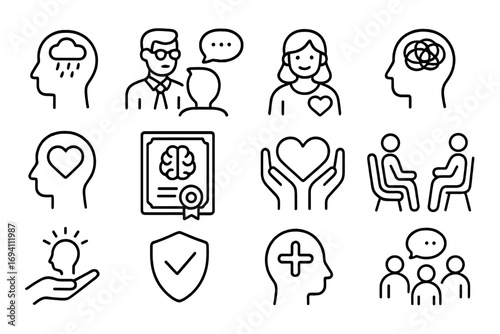 Mental health line icon set. Psychology, therapy, and counseling concepts. Psychologist support for depression, anxiety, stress. Mind wellness, brain treatment, and emotional care.