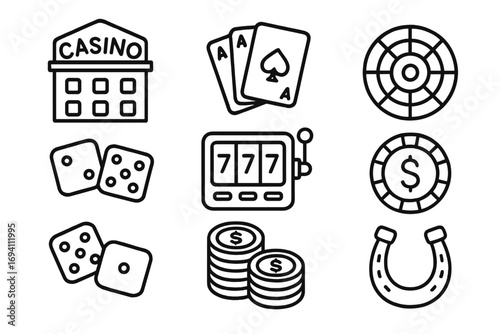 Casino gambling line icon set. Vector outline symbols. Game of chance, betting concept. Slot machine jackpot, poker cards, dice, roulette wheel, vegas, chips, lucky horseshoe.