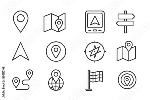 Navigation and maps icon set with GPS, location pins, direction arrows, compass, map markers, route planning, globe positioning, and flag symbols in outlined vector style