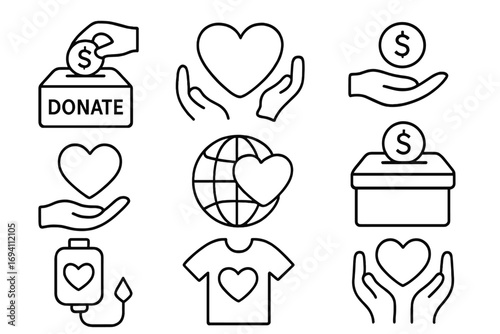 Charity and donation outline icon set. Essential giving, fundraising symbols. Collection includes donation box, heart in hands, money, global aid, blood bag and volunteer shirt.