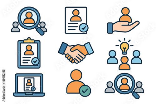 Hiring process icon set. Job search, recruitment concepts. Human resources management. Teamwork, career, and candidate selection. Headhunting symbol pack. Vector illustration.