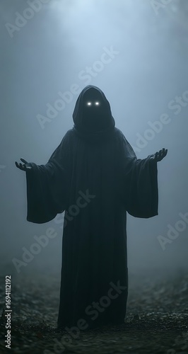 A cloaked figure with glowing eyes stands in a misty and dark environment with outstretched hands