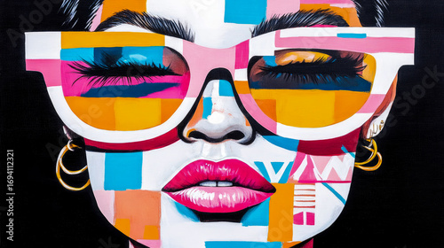 Dynamic and colorful pop art portrait capturing woman's face, highlighted by geometric multi-color block patterns, vibrant pink lips, and chic white-rimmed sunglasses on stark black canvas