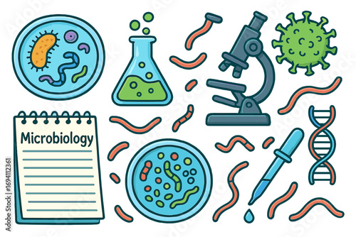 Microbiology science research set. Cartoon lab icons with microscope, petri dish, bacteria, virus, DNA. Biology, chemistry, biotechnology experiment vector illustration.