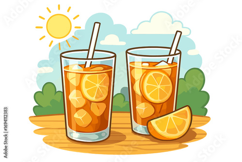 Refreshing iced tea in clear glasses with ice cubes, lemon slices, and straws on wooden table under sunny sky, summer cold drink illustration, vector cartoon transparent background