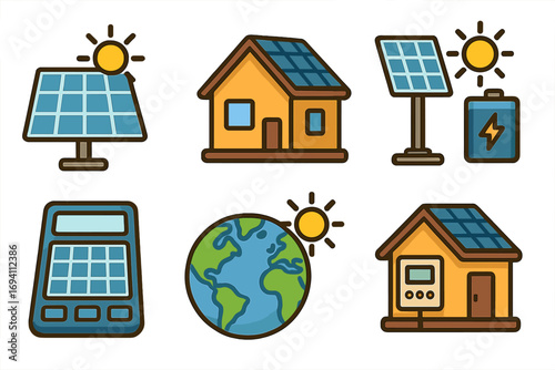Solar energy icon set. Renewable green power technology for home and global use. Vector cartoon illustration of house with panels, battery storage, and sustainable electricity.