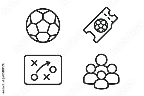 Sports event linear icon set with soccer ball, ticket, strategy board, team group symbols in modern line style, vector cartoon illustration, transparent background, four icons collection