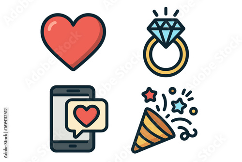 Symbolic love heart engagement ring and celebration icons vector cartoon set, romantic relationship, mobile love message, festive party popper illustration with transparent background