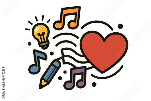 Creative music symbols with heart, light bulb, and pencil. Vector cartoon illustration representing musical creativity, sound design, inspiration, and artistic expression in art and music.