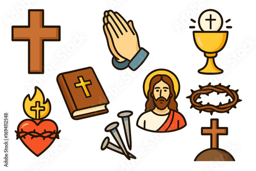 Christian symbols of faith and sacrifice with cross, praying hands, holy Bible, Jesus Christ, chalice, crown of thorns, sacred heart with flame and nails, religious icons, vector cartoon illustration