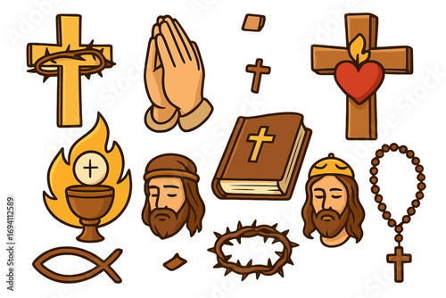 Christian symbols of faith and sacrifice with cross, praying hands, sacred heart, Bible, Jesus face, rosary, crown of thorns, chalice with host and fish sign, religious icons set
