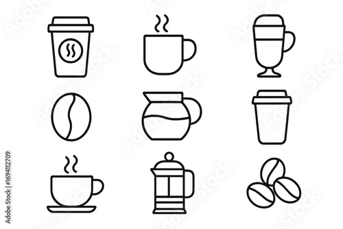 Vector coffee icon set. Outline graphic collection of cafe symbols. Hot drink, beverage, espresso, latte, mug, cup, bean, pot, french press. Line art for menu design.