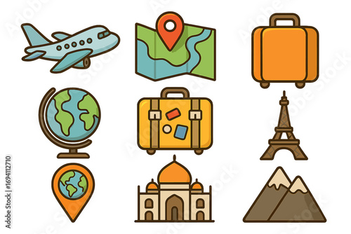 Travel icons collection with airplane, map, globe, suitcase, landmarks, Eiffel Tower, Taj Mahal, mountains, location pin, adventure planning, cartoon style vector