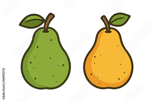 Two distinct pears vector illustration showing green and yellow ripe fruit with leaf and stem, minimalist cartoon style, fresh healthy organic food clipart set