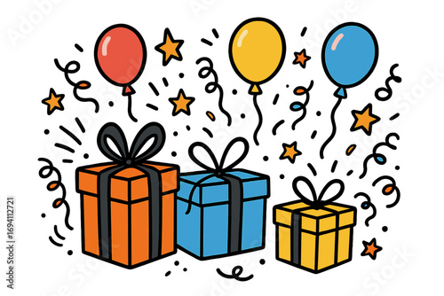 Doodle gift boxes and balloons for celebration. Vector cartoon illustration for a birthday party surprise. A set of festive presents with confetti and stars for a holiday greeting.