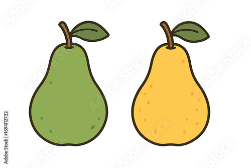 Two distinct pear illustrations showing different ripeness levels in minimalist style, green and yellow fruit cartoon vector with leaf and stem, transparent background, fresh healthy food design