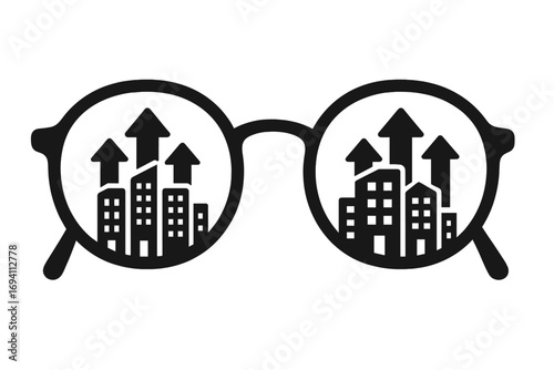 Urban growth and city development concept viewed through glasses, buildings with upward arrows, real estate expansion, city skyline progress, business growth vector illustration