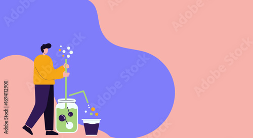 Illustration of a person actively mixing or creating in a large jar, symbolizing innovation, development, or problem-solving. Ideal for business and science concepts.