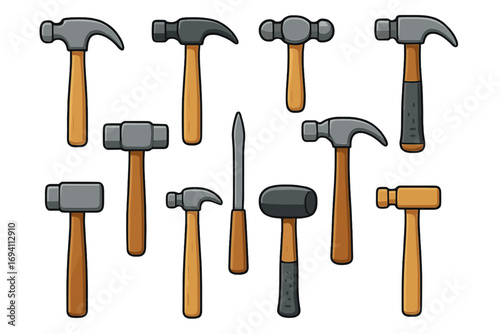 Variety of hammers collection for construction and craftsmanship, different hammer types with wooden and rubber handles, cartoon vector illustration toolkit, building tools set