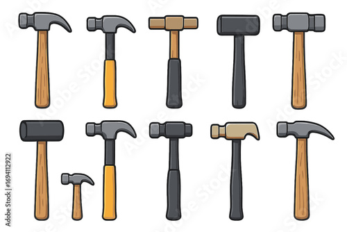 Variety of hammers in grid layout showcasing diverse styles and shapes for construction, craftsmanship, repairs, woodworking and metalwork tools, vector cartoon illustration
