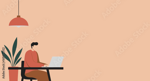 Man working on laptop at a minimalist desk in a modern home office with a plant. Ideal for remote work, online learning, productivity, and digital lifestyle concepts.
