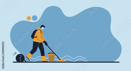 Illustrated person cleans a polluted water source with a net, embodying environmental protection, sustainability, and community action for a cleaner planet.