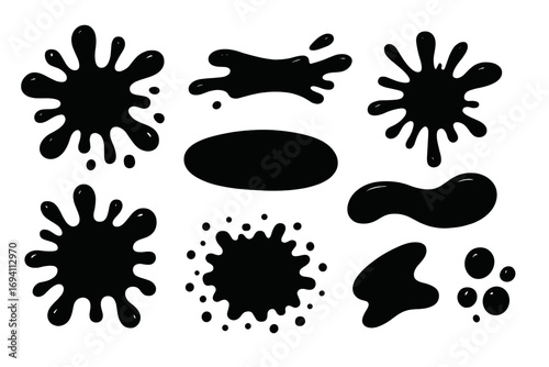 Various black ink splashes and shapes collection with abstract drops and blobs against white background, vector cartoon illustration for graphic design, art projects, backgrounds, decoration