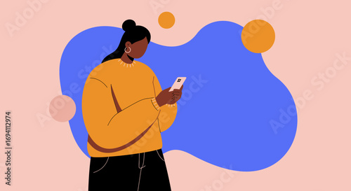 Stylized illustration of a woman using a smartphone, symbolizing digital connection, communication, social media, and technology in everyday life.