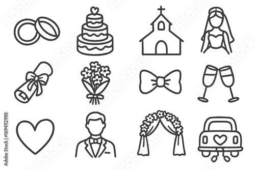 Wedding line icon collection. Hand drawn vector symbols for marriage ceremony. Outline elements: bride, groom, church, rings, cake. Love celebration cartoon illustration set.